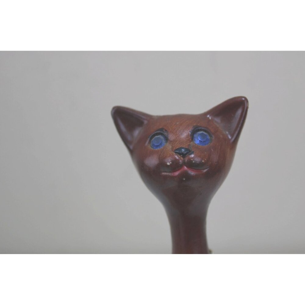 MCM Cat Figurine Elegonated Skinny Slim Faux Wood Blue Rhinestone Eyes 92165 - Picture 8 of 10